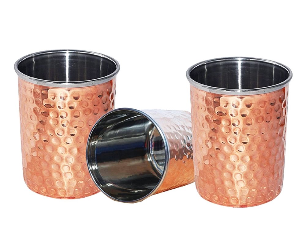Brass and Steel Round Hammered Water Glass Set, For Home