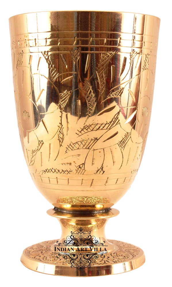 Brass Designer Glass with Bottom Stand -350 ML For Restaurant, Shape: Round