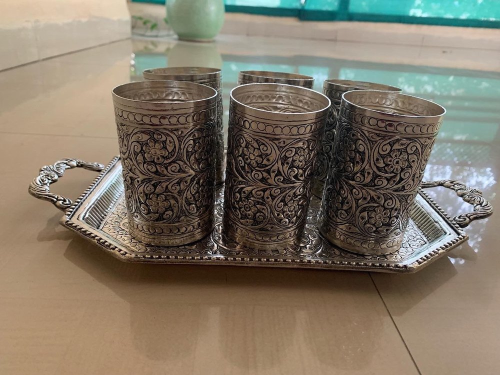 Shree Antiques & Handicrafts Silver Replica Glass & Tray Set