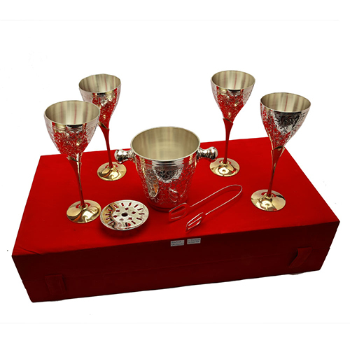 Anand Crafts Brass Silver Plated Glass With Ice Tub, Packaging Type: Red Velvet Box