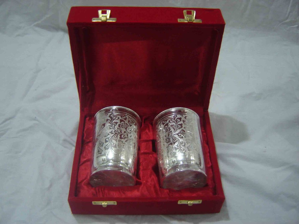 Bhatia Sons Brass Silver Plated Glass Set, Size: 2, 75 Diameter X 4 Height, Packaging Type: Red Velvet Box