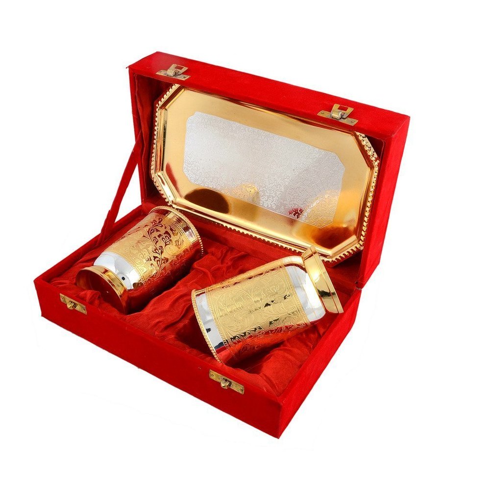 Golden, Silver Aluminum Water Glass And Tray Gift Set