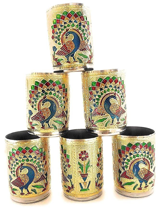 Stainless Steel Round Meenakari Glass Set/2 Home/Table Decorative showpiece, For decoration