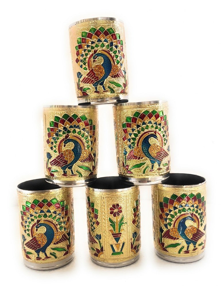 Navrang Tumbler Golden Meenakari Glass For Home, Capacity: 230 mL