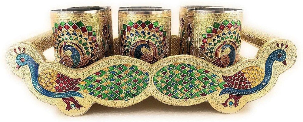 Golden Meenakari Steel Glass Set With Tray, For Home, Capacity: 300 ml