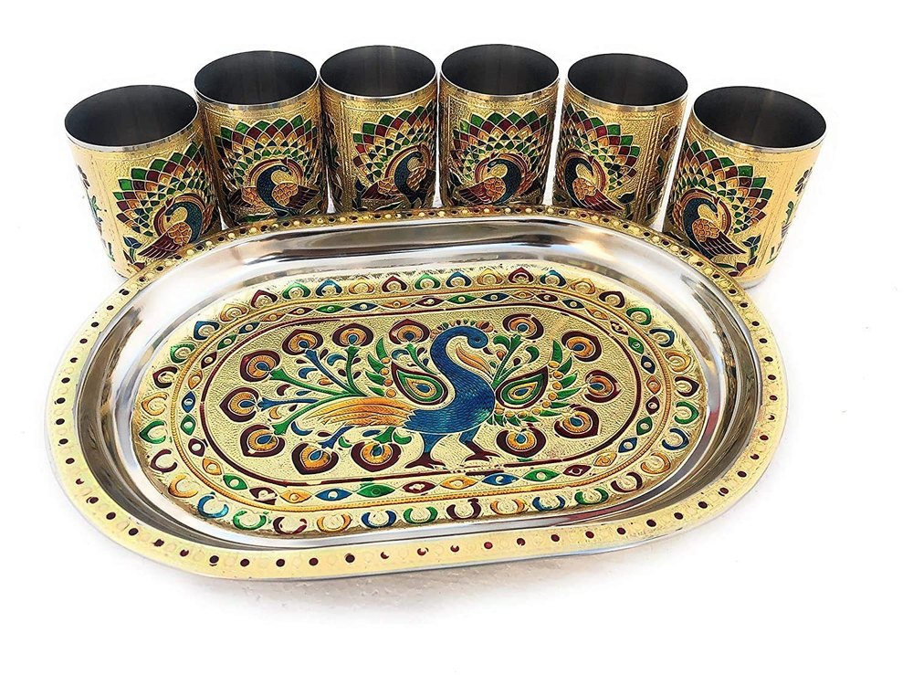Multicolor Meenakari Steel Plate With 6 Glass For Home