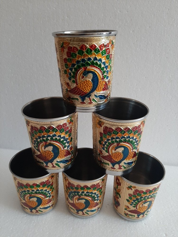 Stainless Steel Round Meenakari Glass, For Hotel/Restaurant