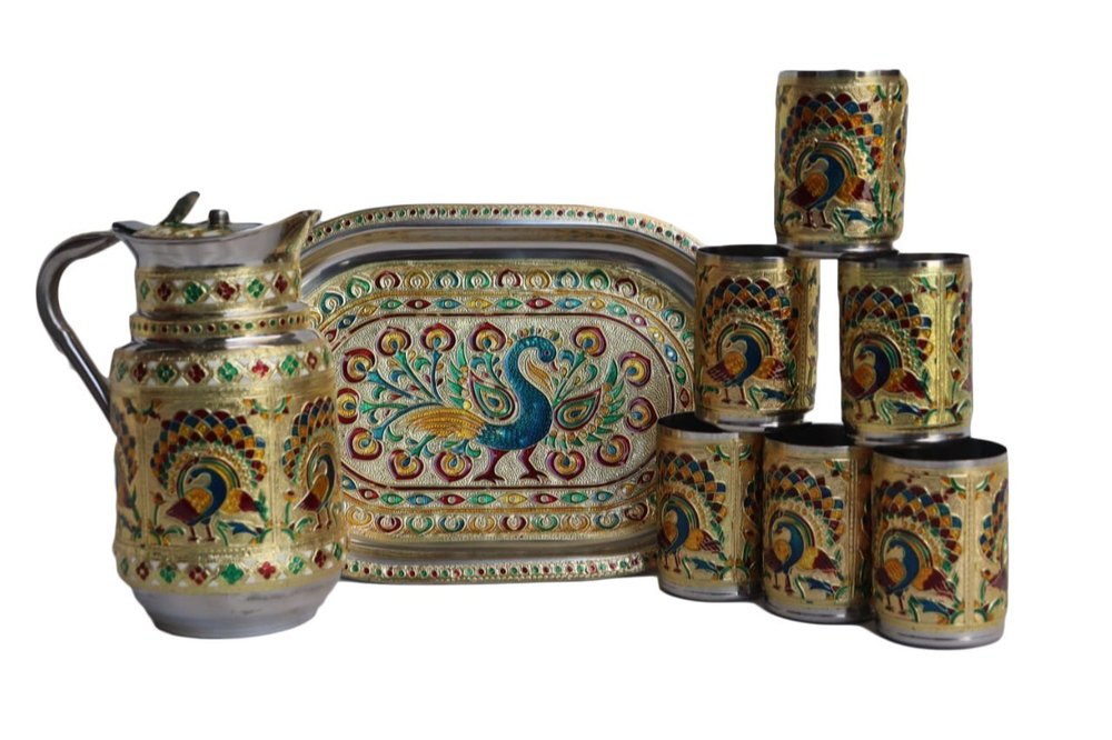 Peacock Stainless Steel Meenakari Tray Jug Glasses Set, For Home Hotel and Restaurant
