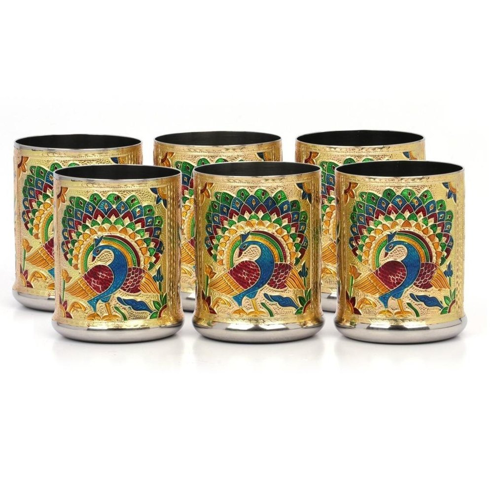 steel Gold Meenakari Glass (6 Pcs), For Home, Capacity: 250
