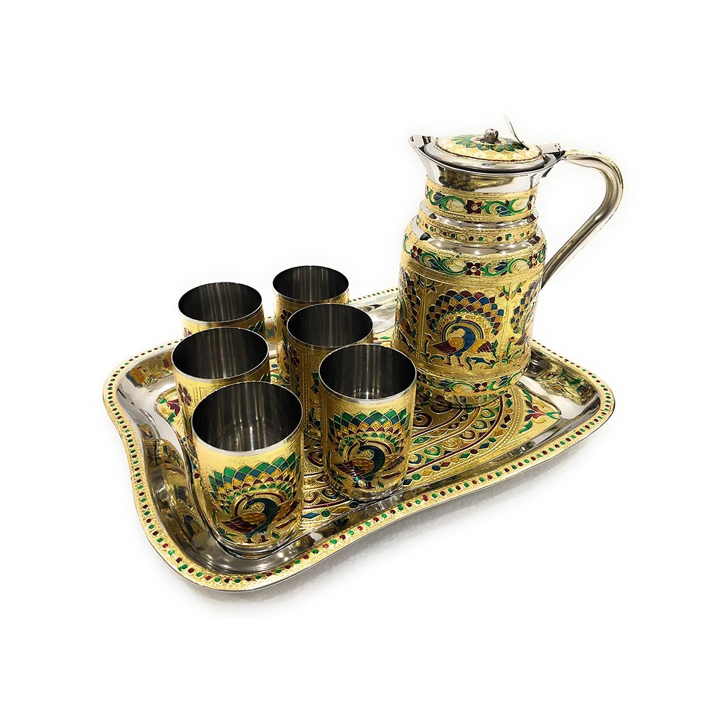 Madhurash Metal Meenakari Tray Jug & Glass Set GST-779, Shape: Rectangle, Size: 36 X 27 X 11 Cms