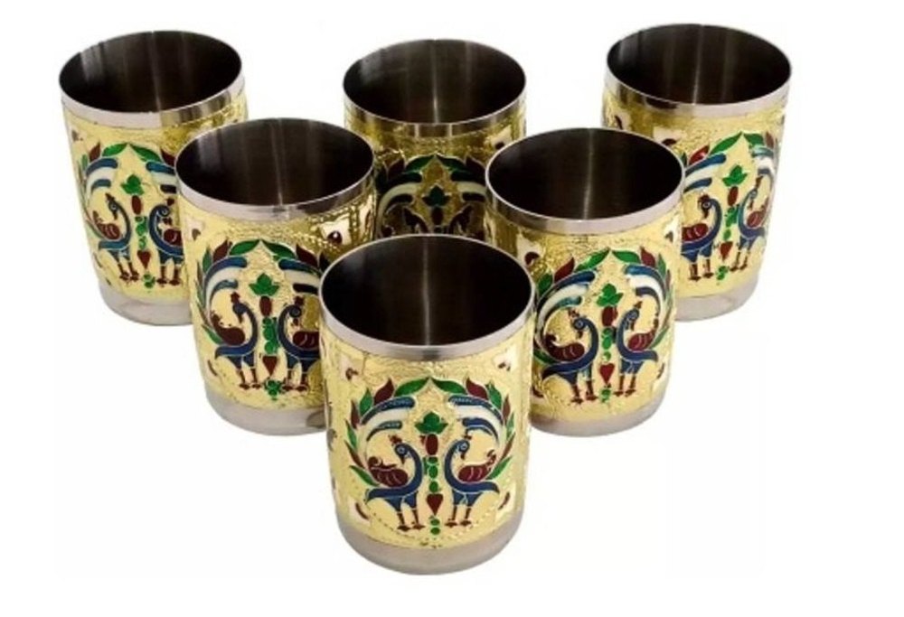 6 Pieces Golden And Black Handicraft Meenakari Water Glass Set, For Home, Capacity: 350mL