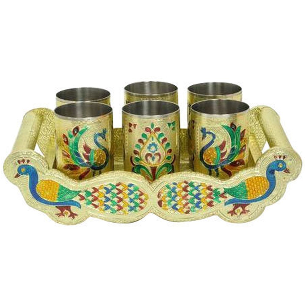 Stainless Steel Meenakari Glass Set, For Home