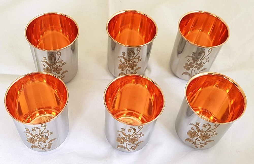 Silver Laser Copper Stainless Steel Glass 6 Pcs, Size: 14CM, Capacity: 300 ML