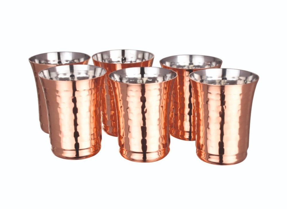 Round Hammered Copper Plated Stainless Steel Drinking Glass Set, Size: 9 cm (dia.), Capacity: 250 ml