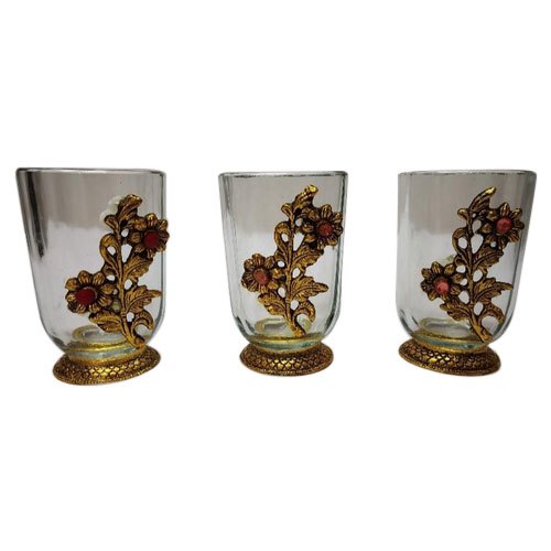 Indian Handicrafts Glass and Gold Plated Metal Gold Plated Glass Set