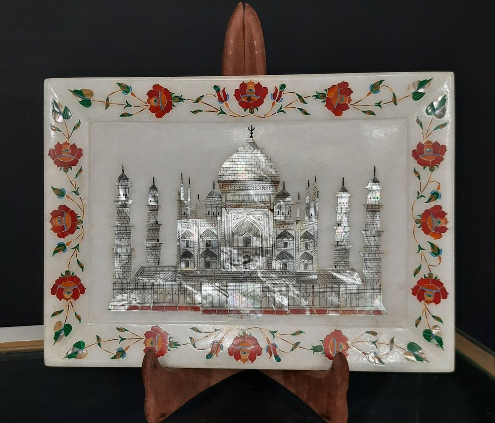 Marble White Taj Mahal Inlaid Serving Trays