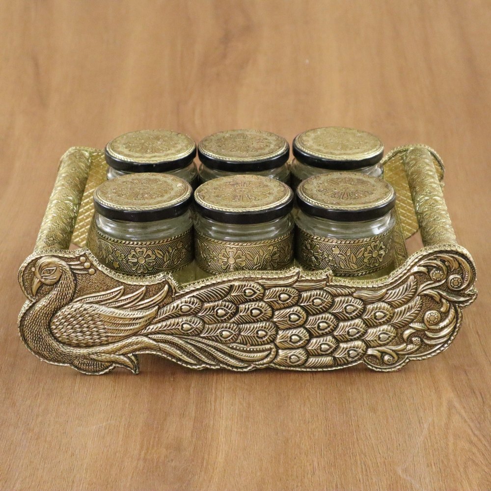 Peacock Design Tray Set with 6 Jar, For Kitchen Storage, Shape: Rectangle