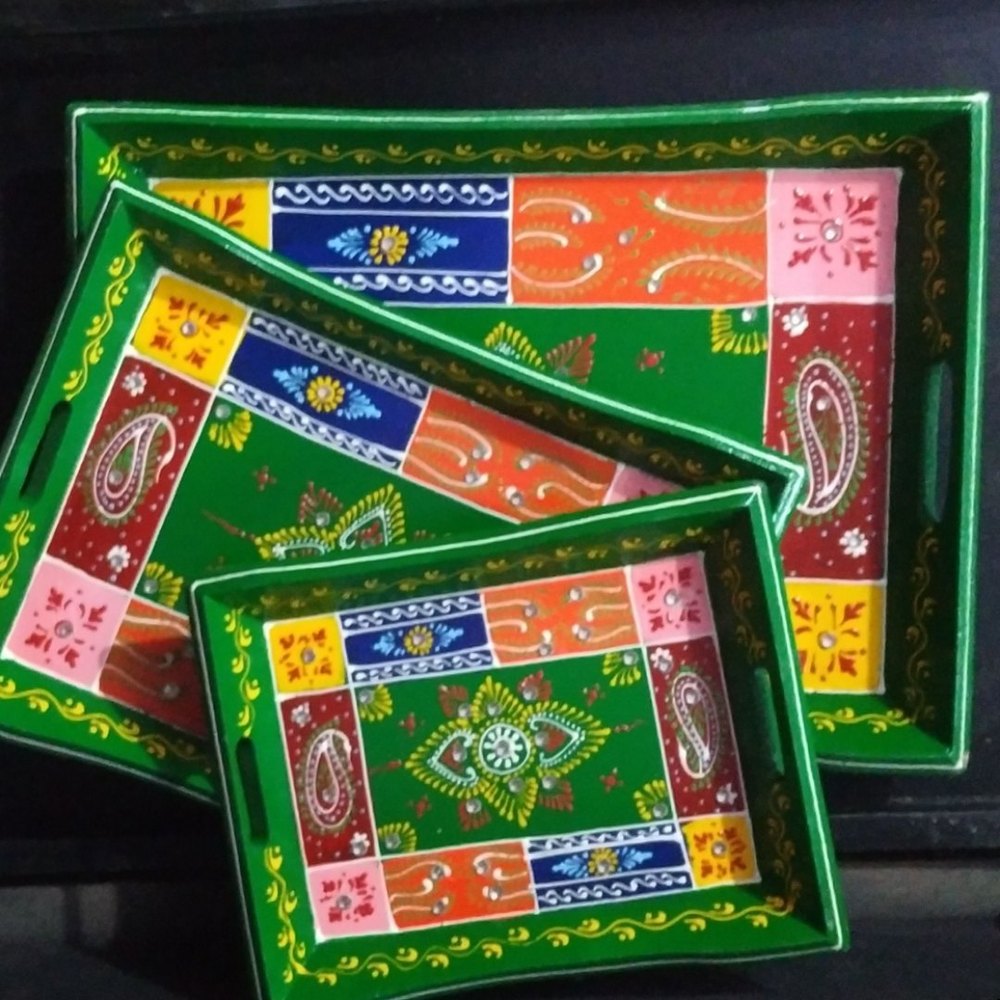 Kaptown Kreation Serving Green Trapped Tray Set, Shape: Rectangle, Size: 13x2x10
