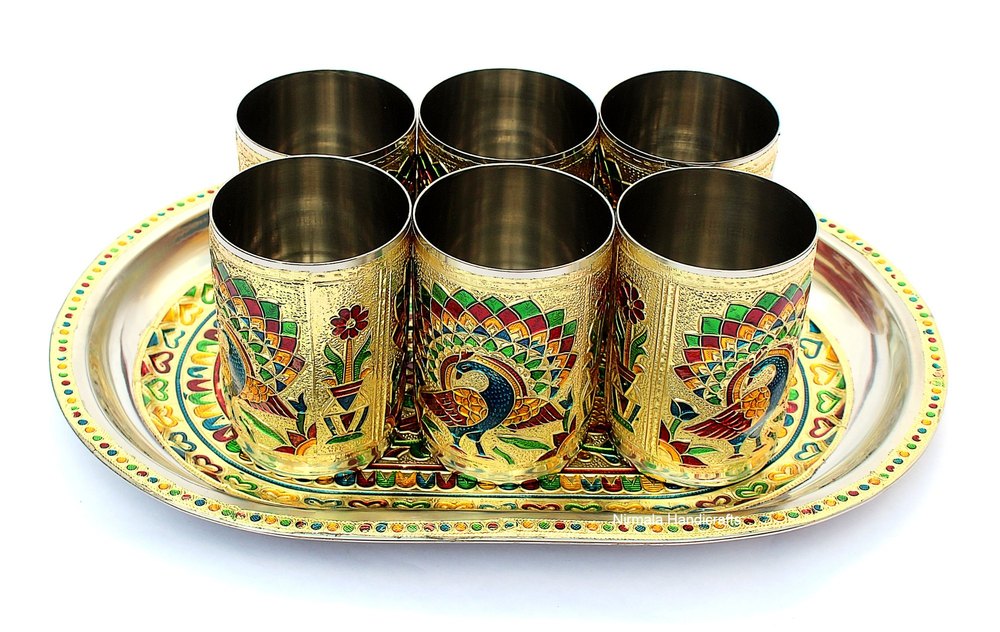 Nirmala Handicrafts Exporter Meenakari Glass & Tray Set Peacock Design Home/Table Decor