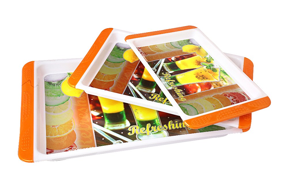 Multicolor Printed Elegance - Blossom Plastic Multipurpose Serving Tray - 3 Pieces Set