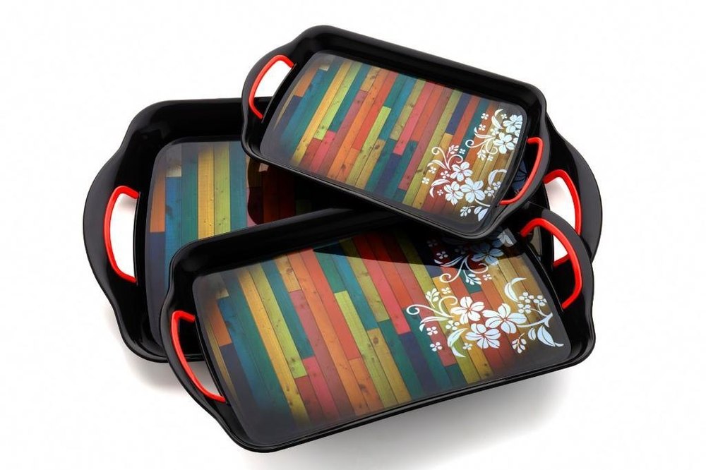 Multi Purpose Plastic Serving Tray Set of 3 Pcs (Size: X-Large, Large, Medium/ Color: Multi)