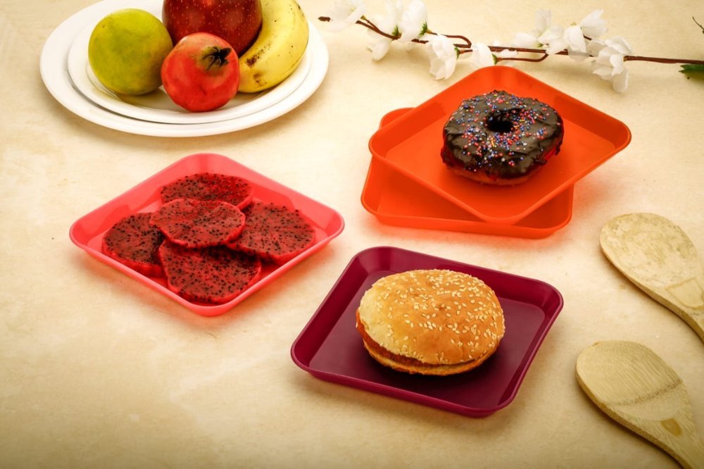 Pink, Red and Brown Plain Plastic Snack Plate Set of 6 PCS, For Home, Restaurant and Hotel