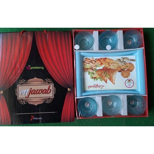 Pinkberry Glass/Plastic Bowl Blue Tray Set, Rounded, Packaging Type: Box