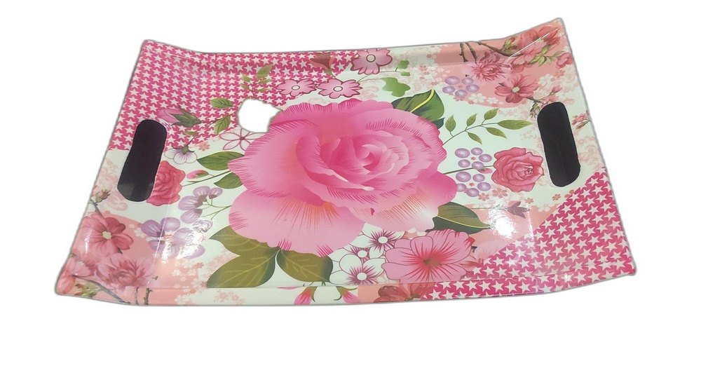 Pink, White And Green Rectangular Melamine Printed Serving Tray, For Home