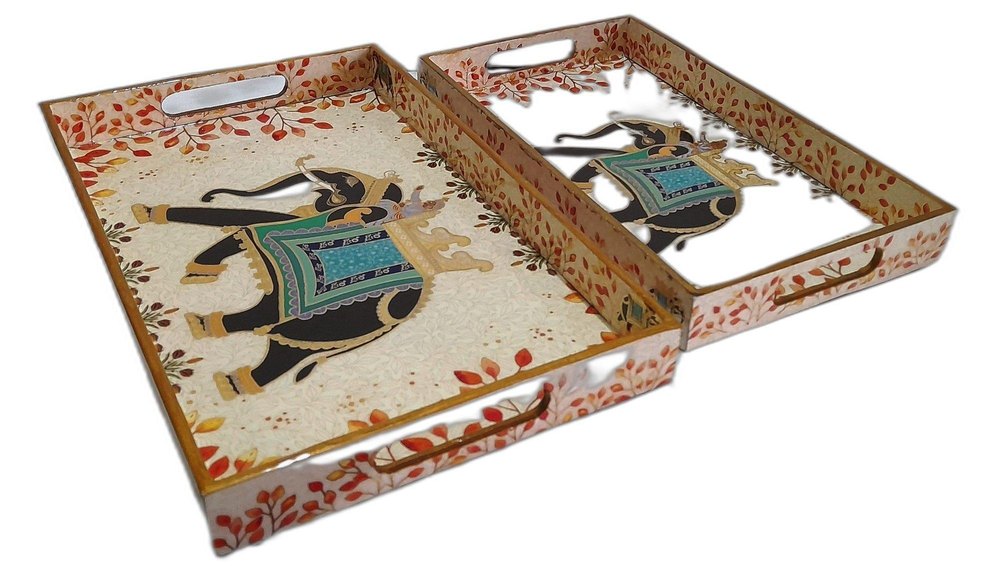Prime Handicrafts Enamled Golden Foil MDF Trays Set Of 2, Shape: Rectangle, Size: 16 X 10 X 1.5 & 14 X 8 X 1.5