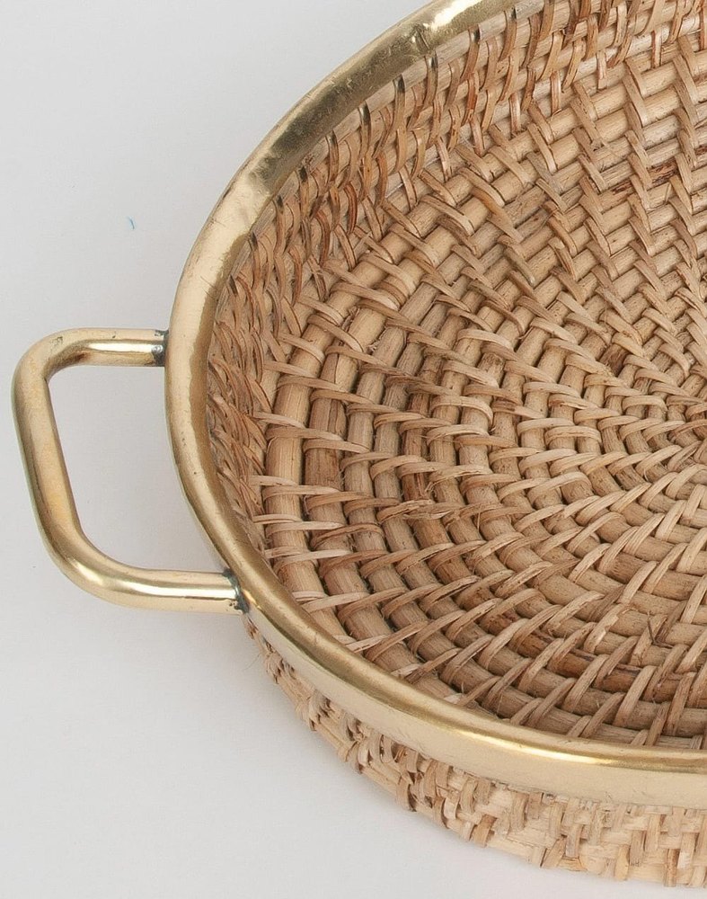 Luxe Basket Cane Brass Tray, Shape: Circular