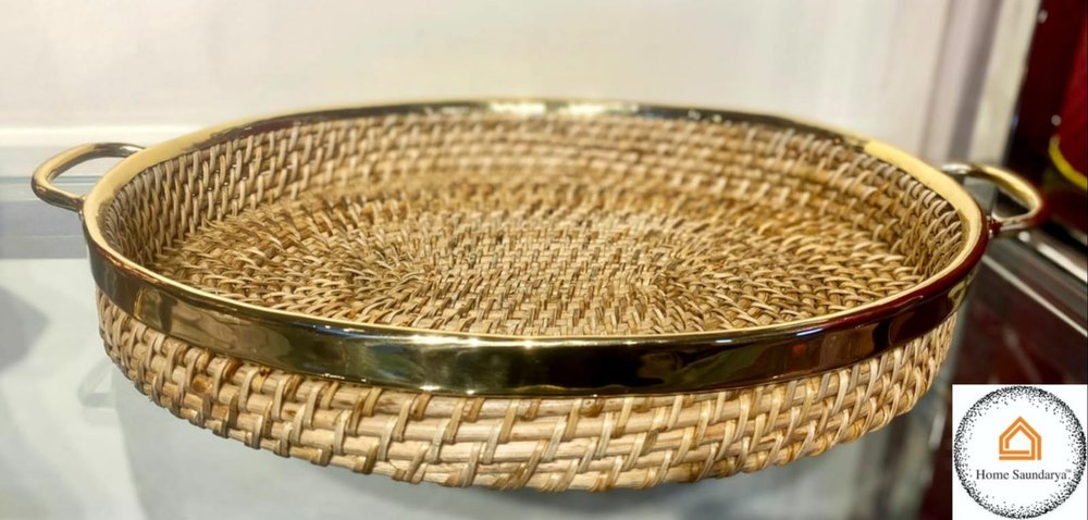 Home Saundarya Wicker Rattan Brass Trays, Packaging Type: Box, Shape: Oval