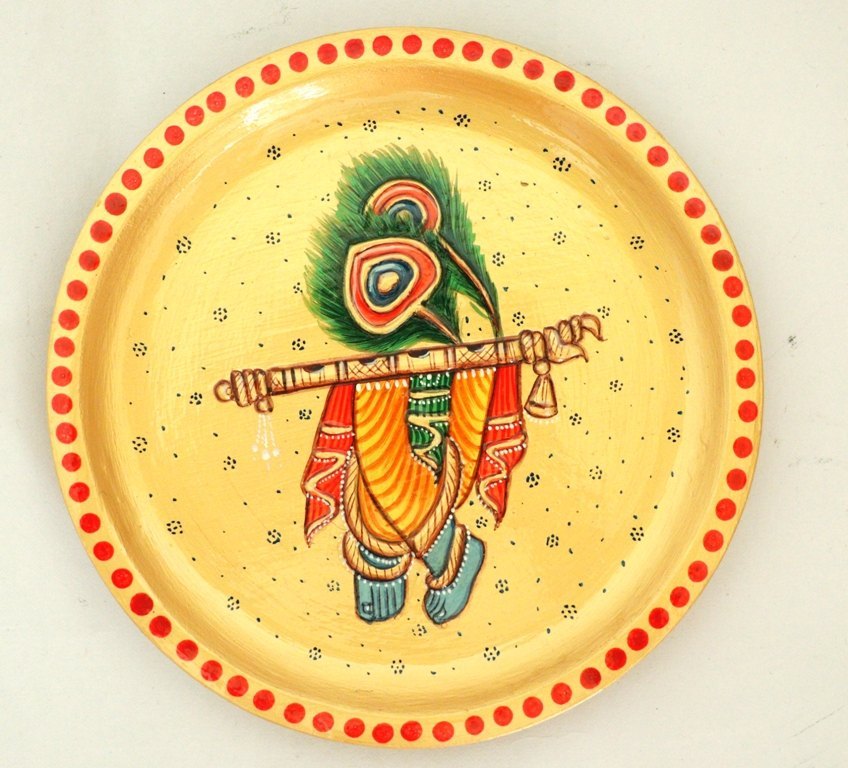Meshilp Mango Wooden Lord Krishna Round Decorative Wooden Plate