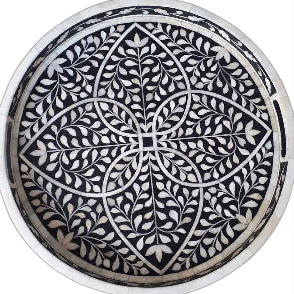 Black And White Printed Bone Inlay Round Tray, For Kitchen, Size: 20inch (diameter)
