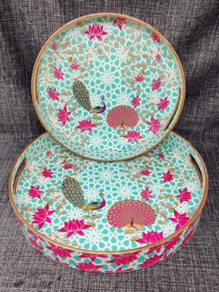Meena Sticker MDF Meenakari Round Trays, Shape: Circular, Size: 12x12