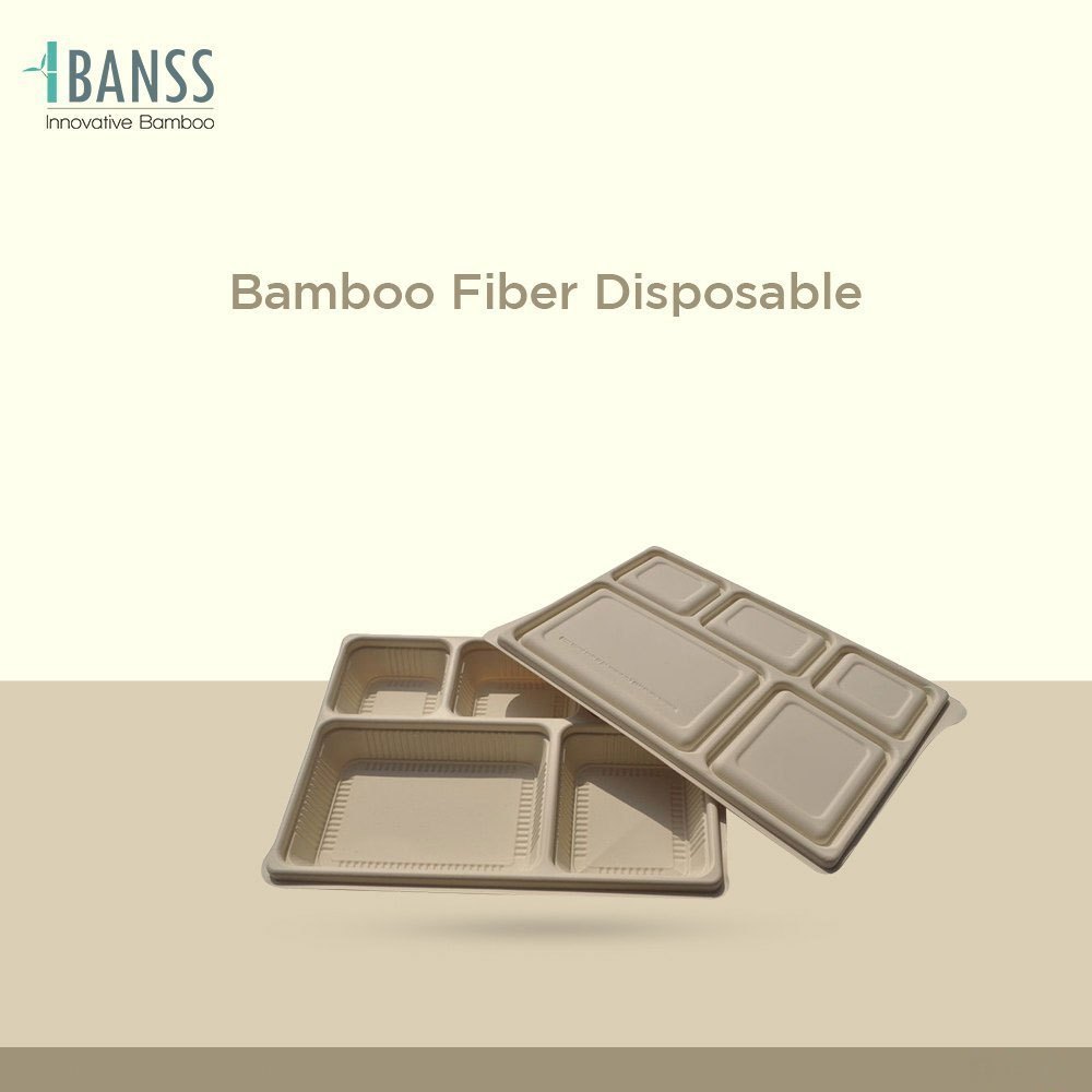Bamboo Fiber Disposable 5 Compartment Tray, For Hotels, Rectangle