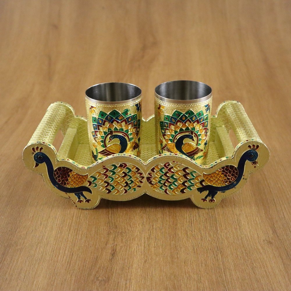 Gift Guys Meenakari Peacock Tray Set With 2 Glass, For Home, Shape: Round