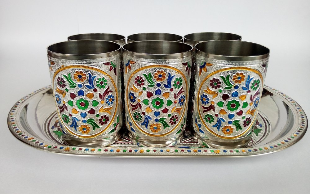 Flower Stainless Steel Meenakari Glass Tray Set, For Restaurant, Shape: Oval