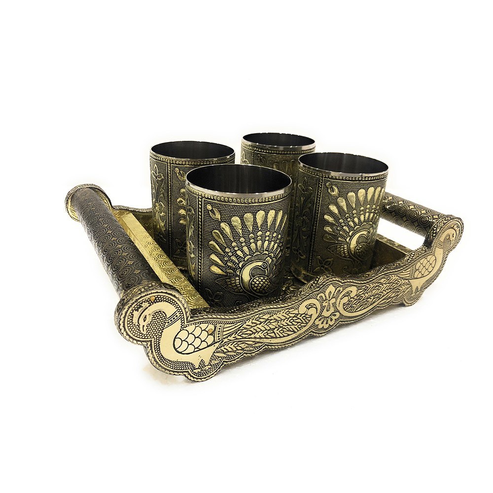 German Oxidized Silver Tray With Glass GST-458, Size: 28 X 17 X12