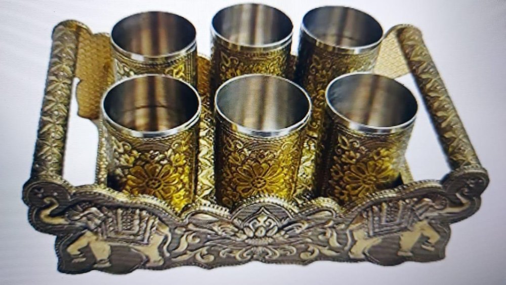 GSM Metal Meenakrai Serving Glass Tray Set, For Home, Shape: Circular