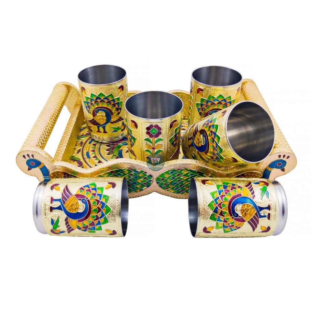 Shopbeat Meenakari Double Peacock Design Serving Tray Glass Set, Shape: Rectangle, Size: 11.6 X 6.7 X 3 Inch