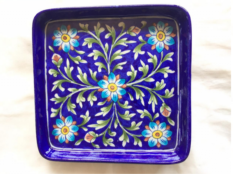 Ceramic Handmade Jaipur Blue Pottery Square Tray, Size: 8x8 Inch