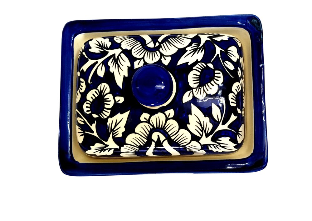 Serving Metal Blue Mughal Handcrafted Ceramic Butter Tray, Shape: Rectangle, Size: 8 Inch