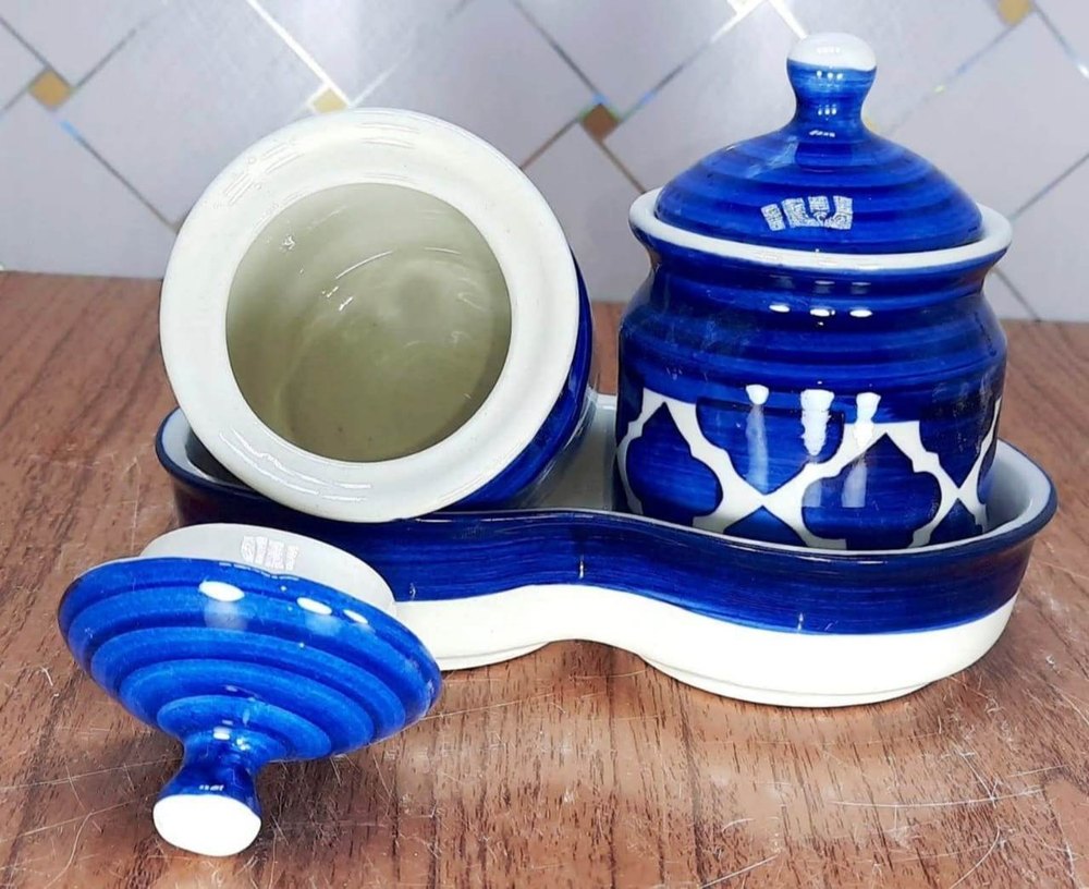Ceramic Blue Pickle Jar Tray Set, Capacity: 250 ml