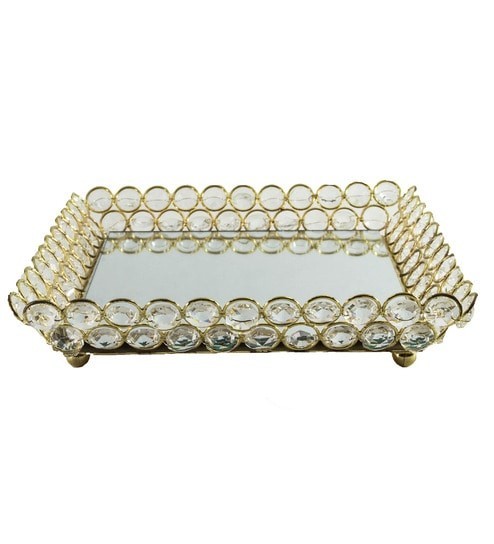 Teeco Industries Ceramic Golden Crystal Decorative Tray, For Hotel, Home, Shape: Rectangle