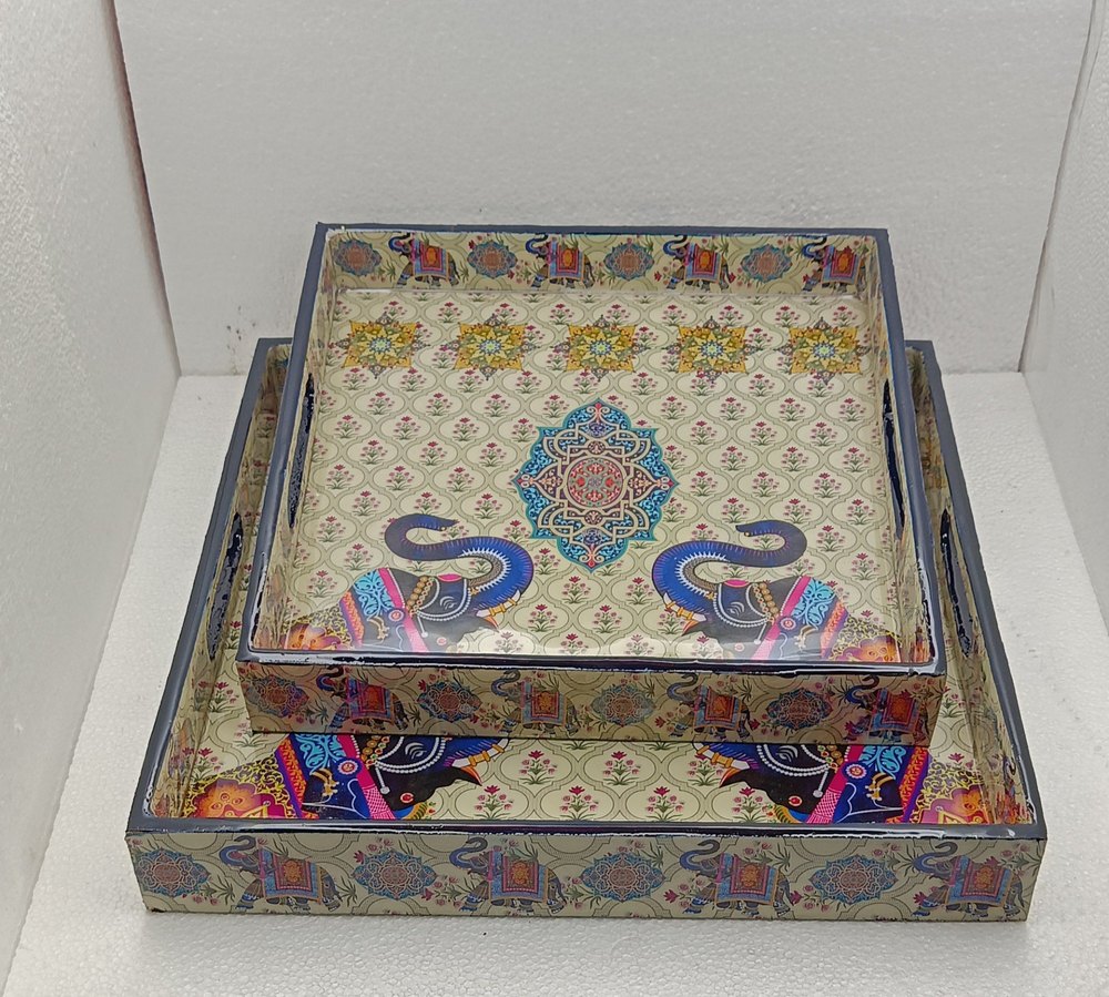 Serving MDF Square tray elephant set of 2, Shape: Squarwe, Size: 10x10x1.5 / 12x12x1.5