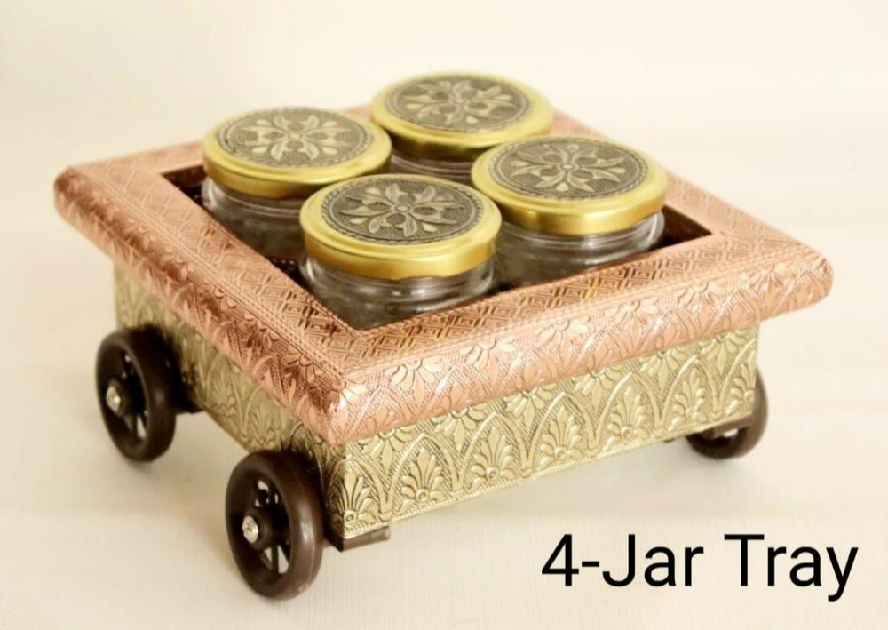 Wooden Qalazo Dry Fruit Tray With Glass Jars. (250 ML), Shape: square, Size: 8x8