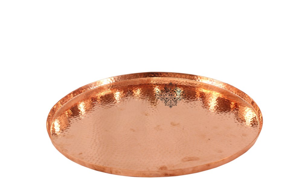 Brown Copper Hammered Design Round Tray - Large, For Hotel