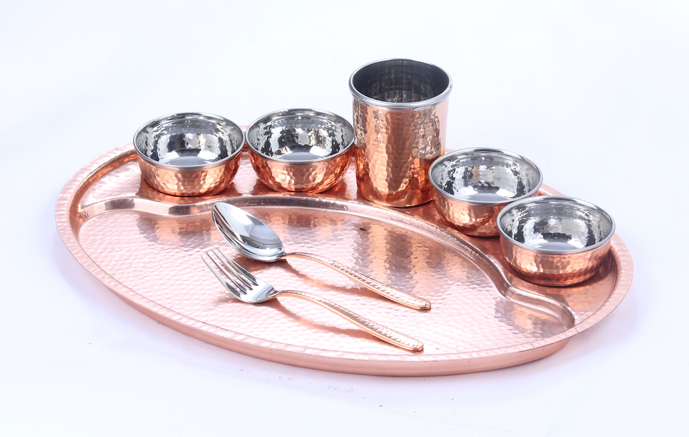 Metal Kraft Copper Hammered Moon Tray with Handi Dishes, Size: 40 cm