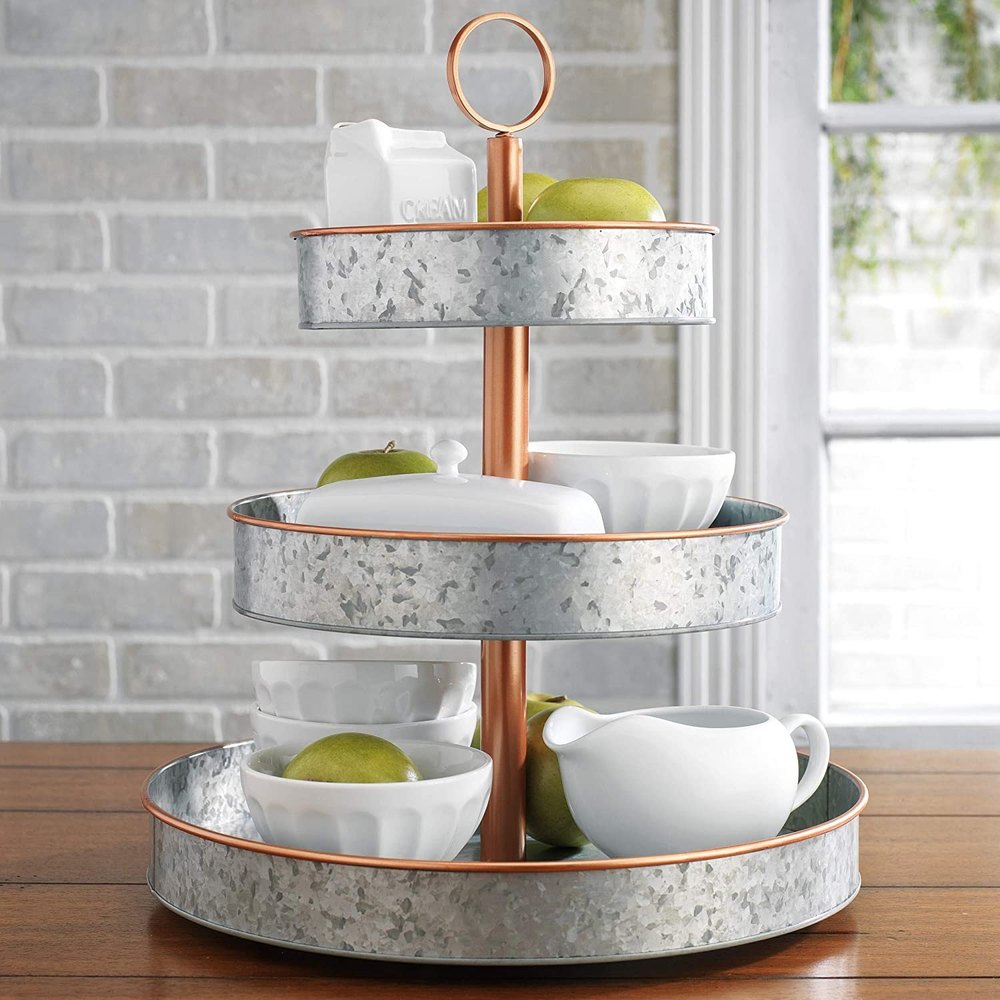 Farmhouse Style Copper Rim - Rustic Kitchen Vintage Galvanized 3 Tier Serving Tray
