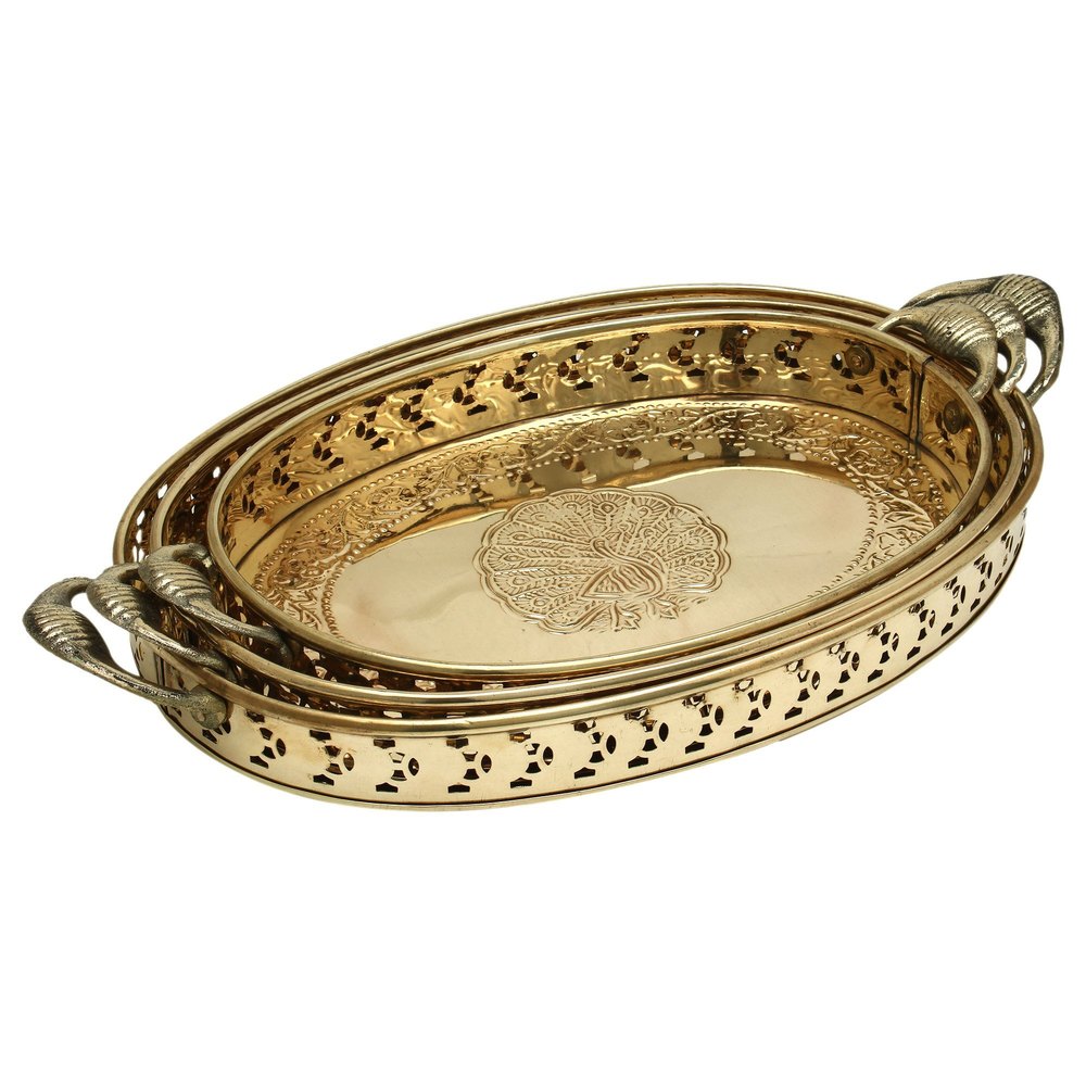 AntiqueCO Metal Brass Serving Tray, Shape: Oval, Size: 16/14/12 Inch